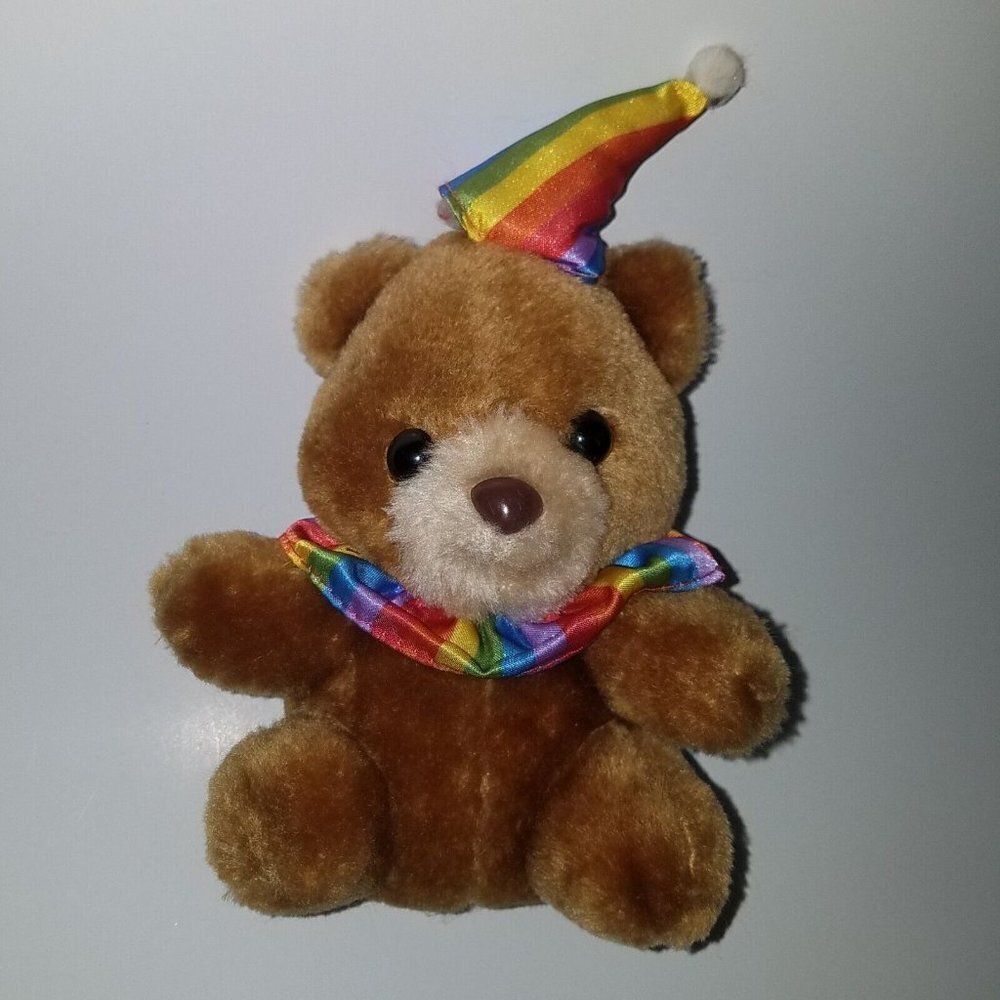 VTG Brown Teddy Bear Plush Clown Jester Birthday Rainbow Hat 7.5" Ace Novelty